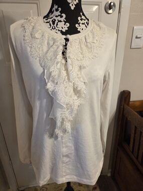 CAbi White Lace Ruffle Long Sleeve Blouse